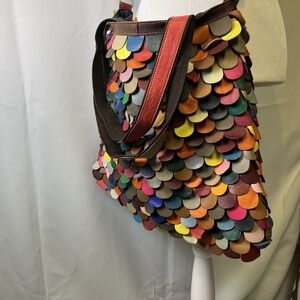 Amerileather Multicolor Leather Large Tote Bag Boho Festival Bold Artsy Folk